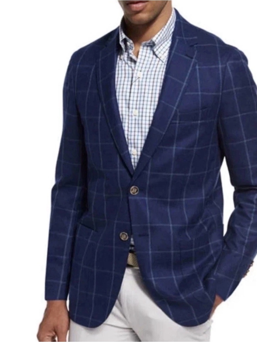 Peter Millar Windowpane Soft Sport coat/ Blazer 100% Linen Large 42 R Navy Blue